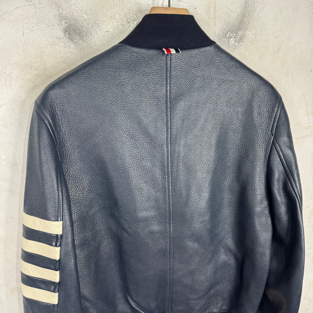 Thom Browne Navy Leather Striped Jacket