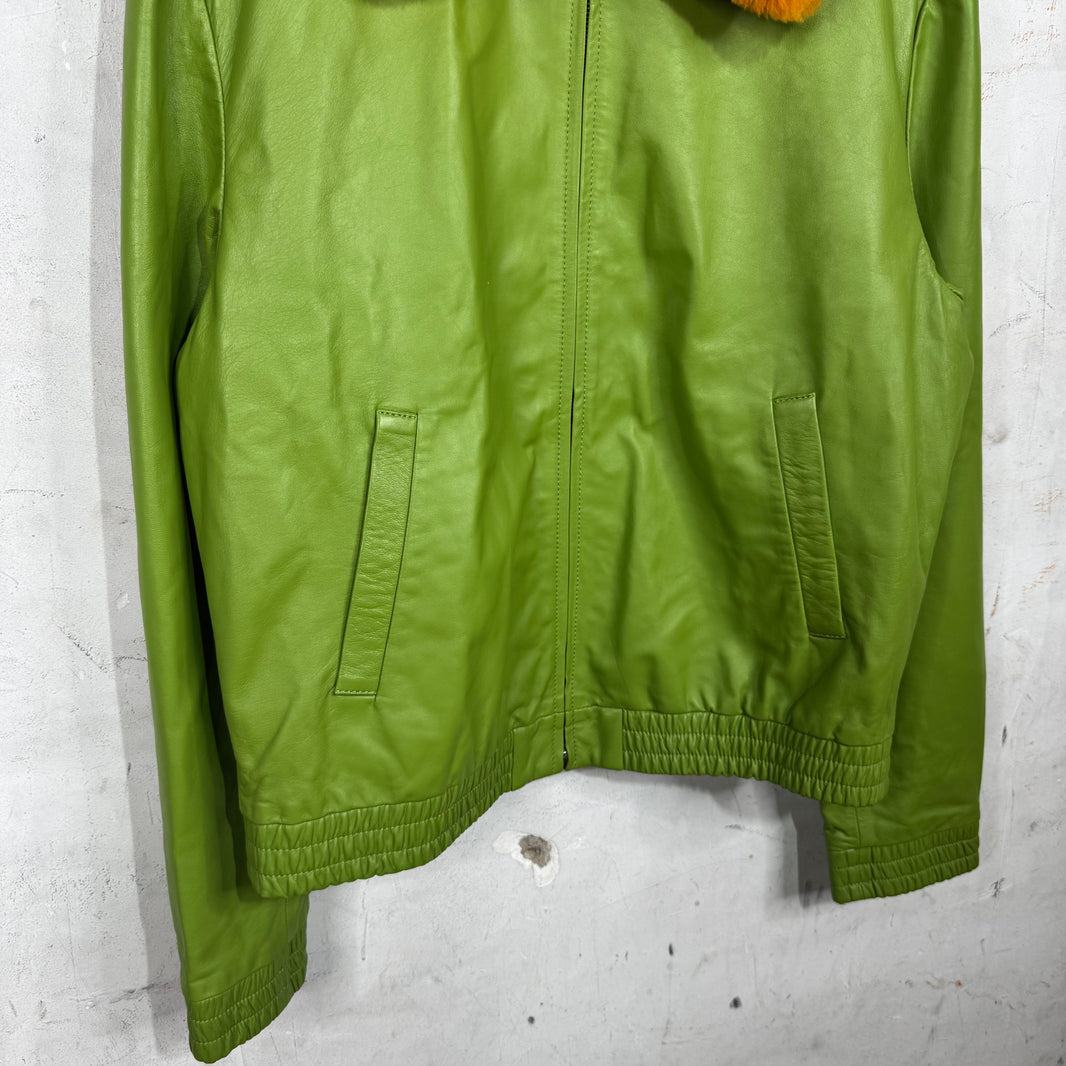 Marni Green Leather Fur Collared Jacket