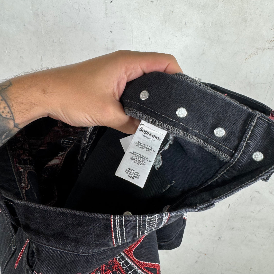 Supreme Black Embroidered Gun Jeans