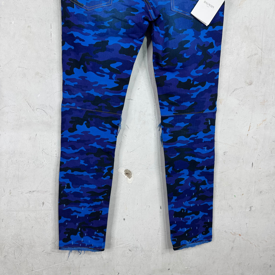 Balmain Blue Camo Biker Jeans New