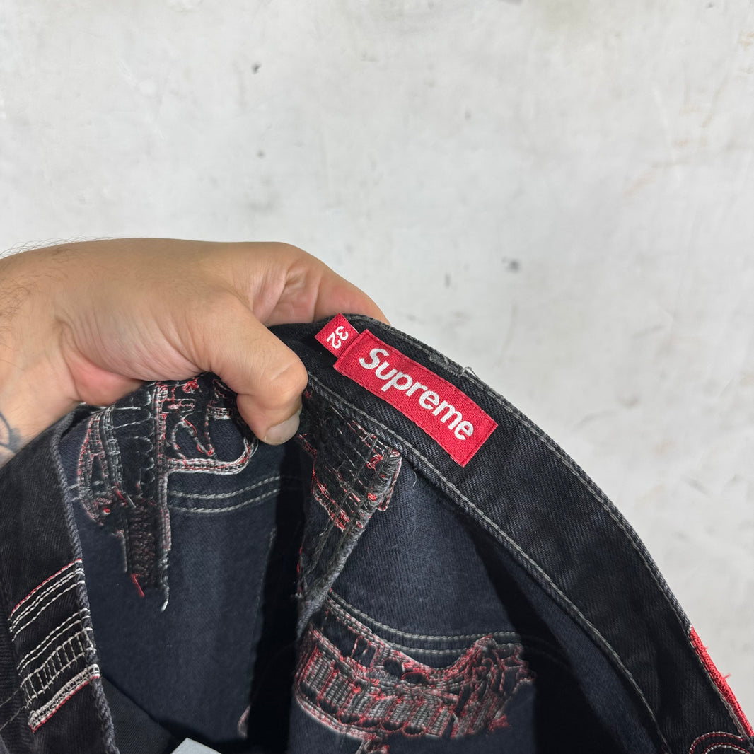 Supreme Black Embroidered Gun Jeans