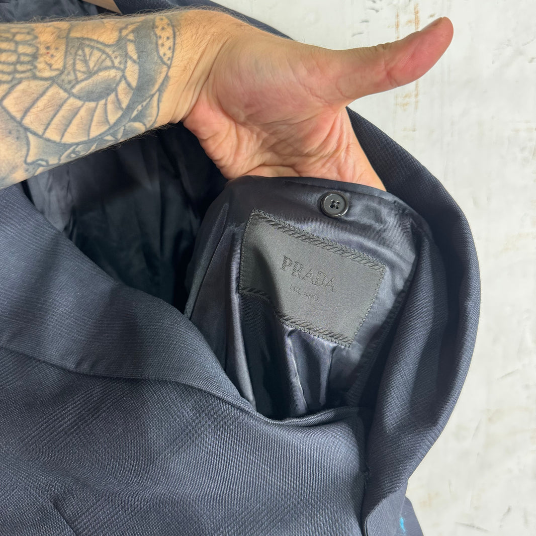 Prada Triangular Badge Navy Double Breasted Blazer