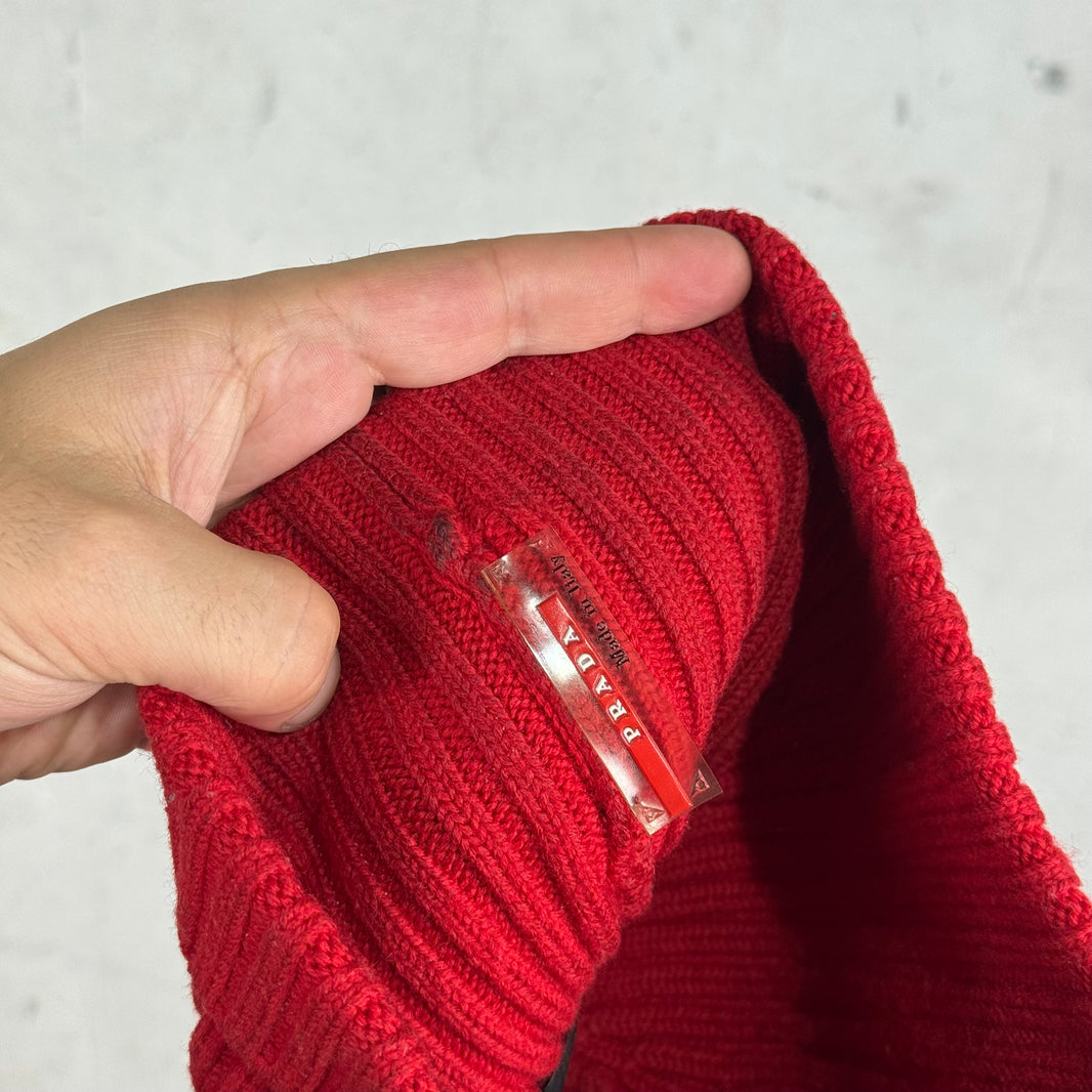 Prada Red Bar Ribbed Beanie