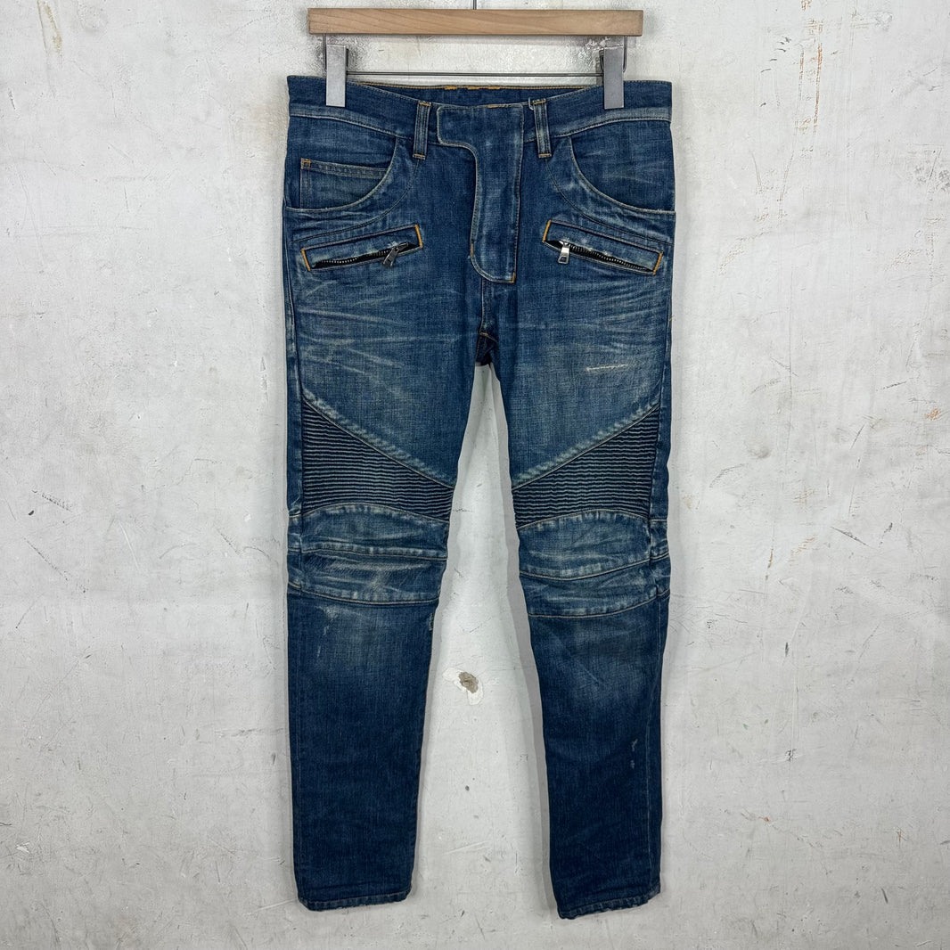 Balmain Medium Wash Decarnin Biker Jeans