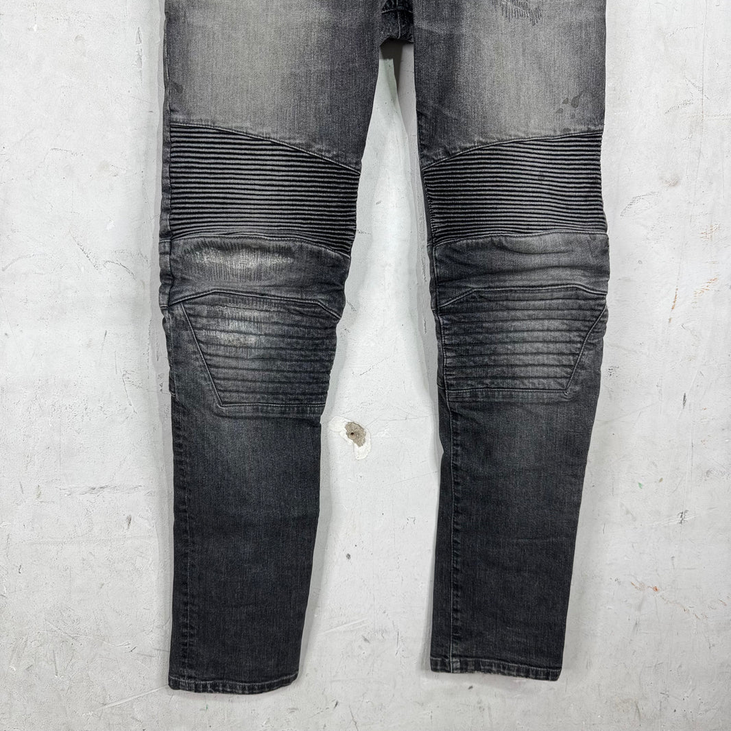 Balmain Charcoal Repaired Biker Jeans