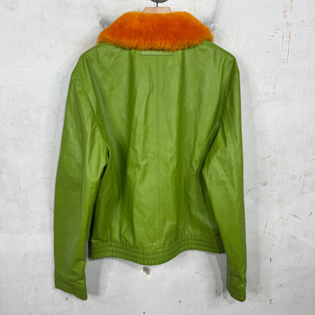 Marni Green Leather Fur Collared Jacket