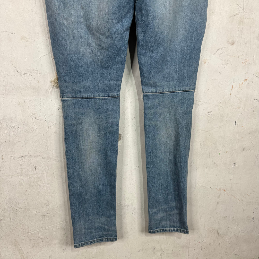 Balmain Lightwash Leather Patched Biker Jeans