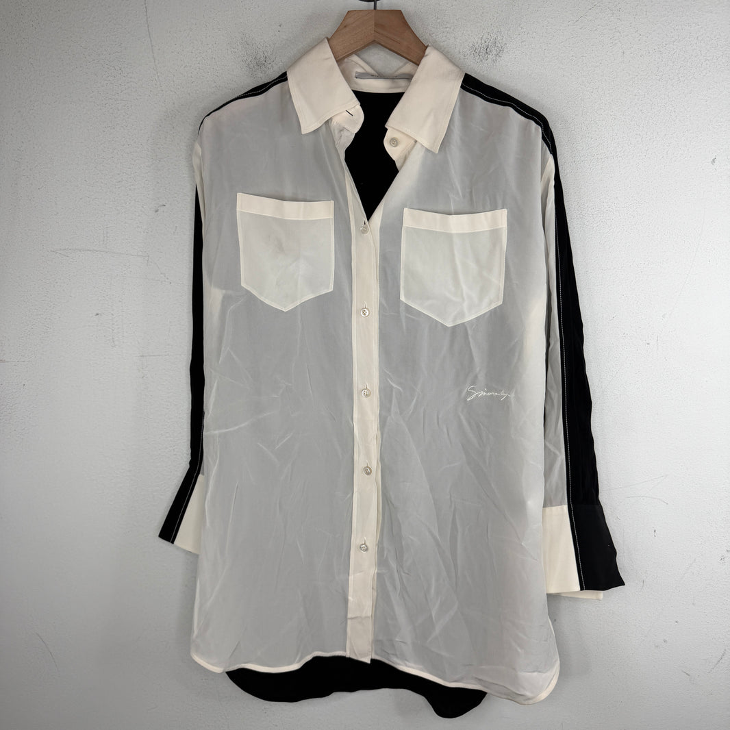 Givenchy White/Black Split Silk Button Up LS Shirt