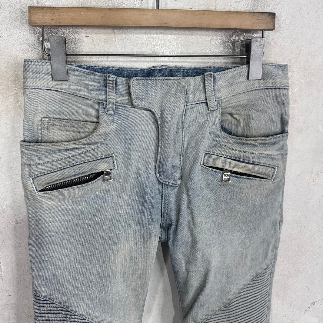 Balmain Light Wash Distressed Biker Jeans