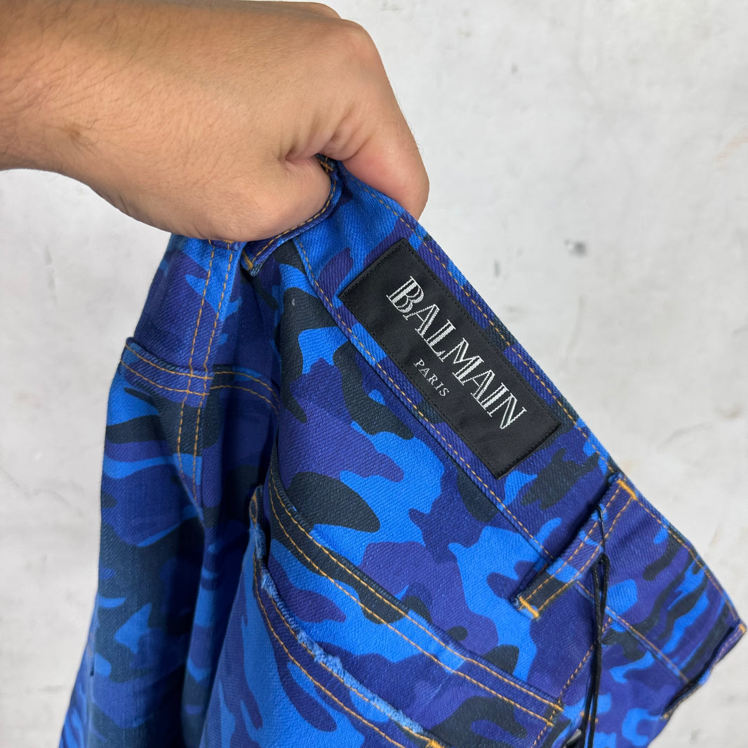 Balmain Blue Camo Biker Jeans New