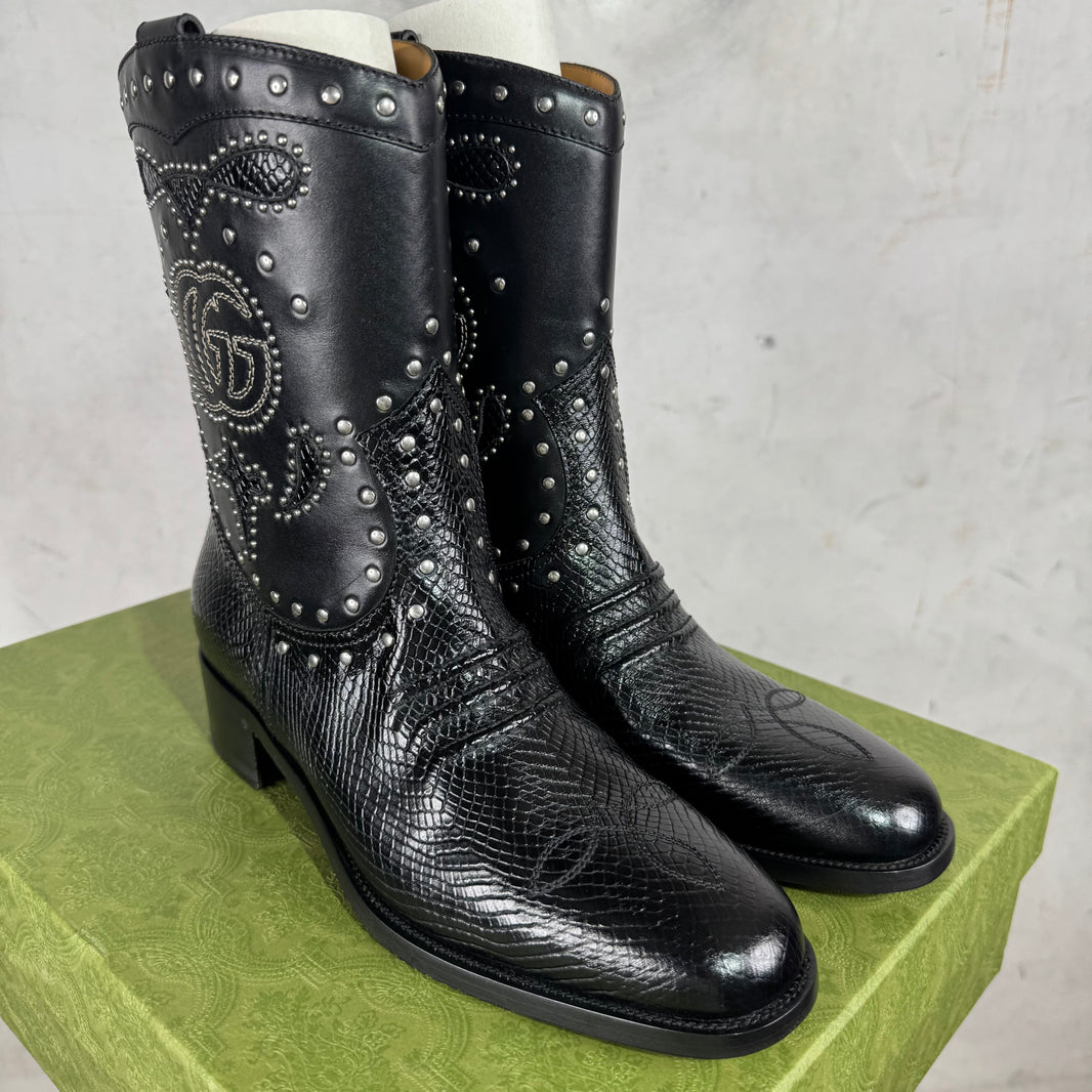 Gucci Double G Leather Studded Cowboy Boots