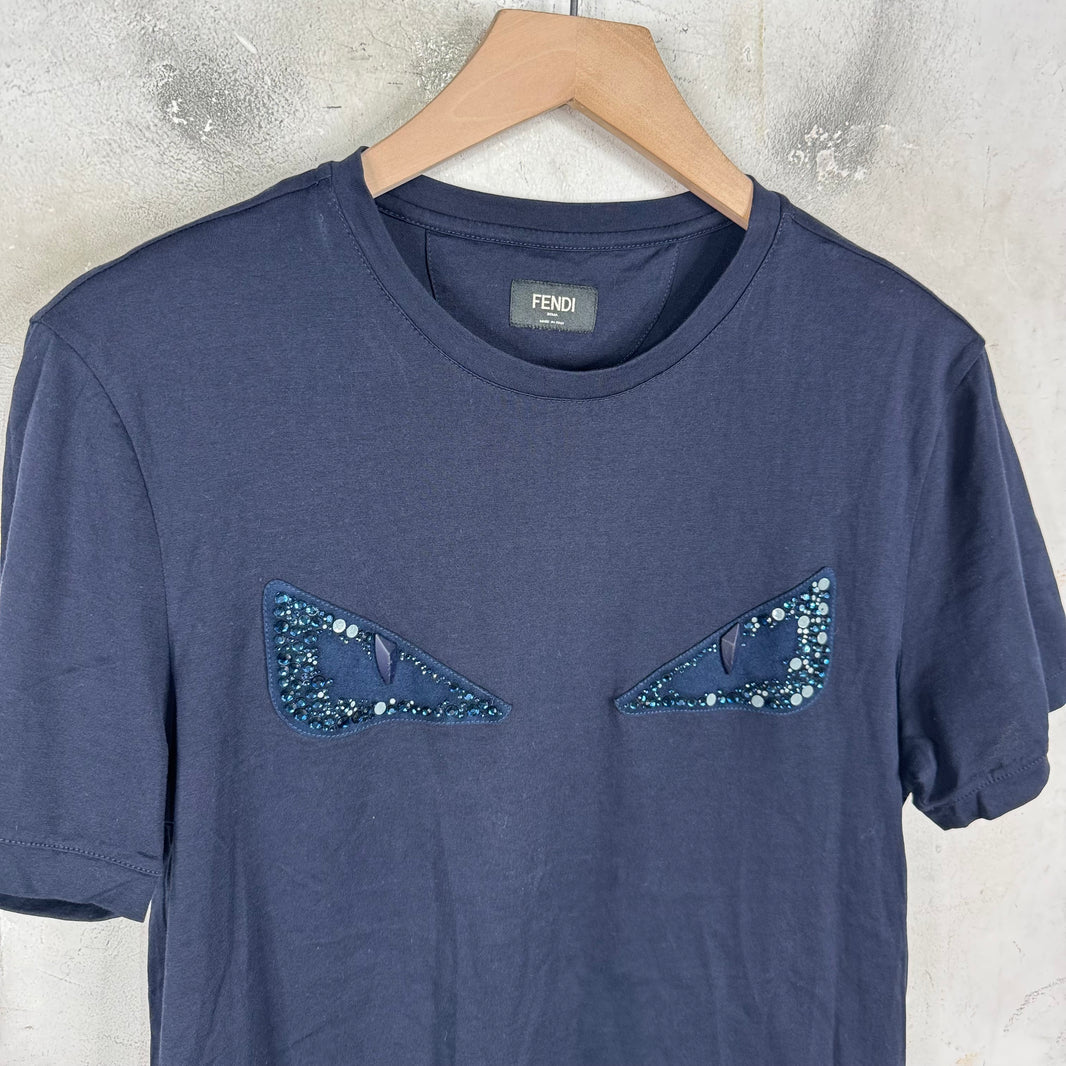 Fendi Navy Rhinestoned Monster T-Shirt