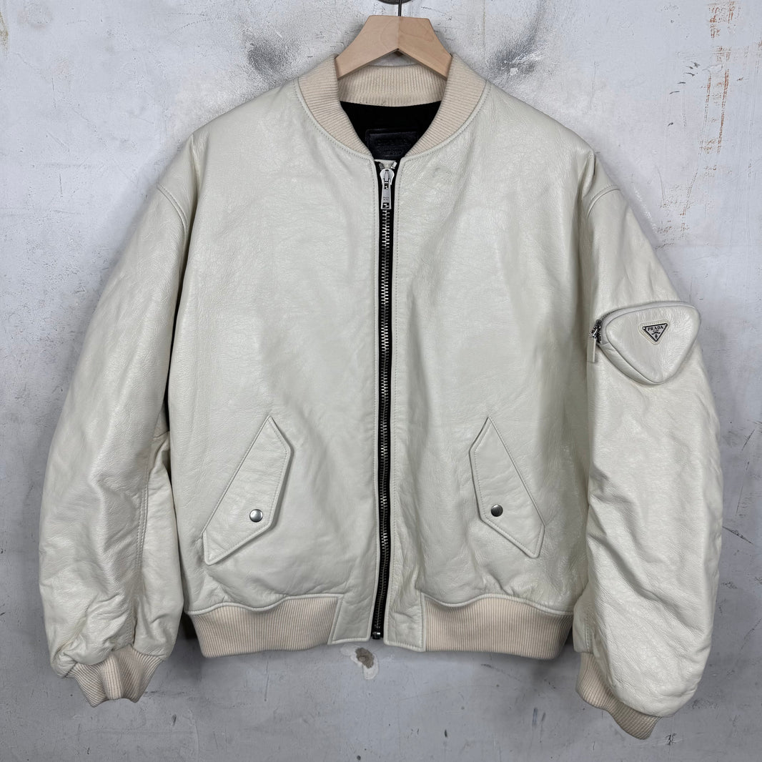 Prada Triple White Leather Raf Bomber Jacket