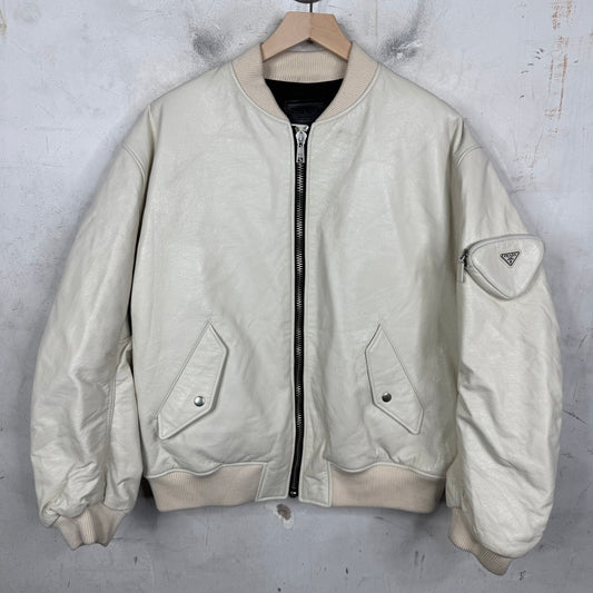 Prada Triple White Leather Raf Bomber Jacket