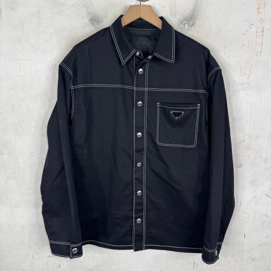 Prada Contrast Stitch Plaqued Snap Shirt