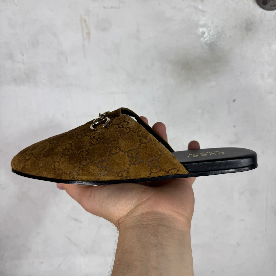 Gucci Suede Monogram Cachemire Horsebit Mules