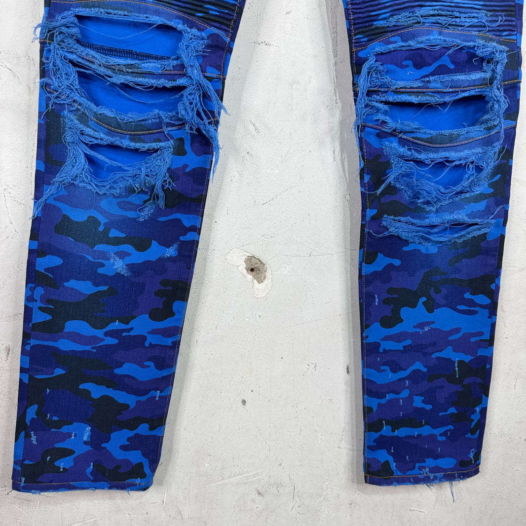 Balmain Blue Camo Biker Jeans New