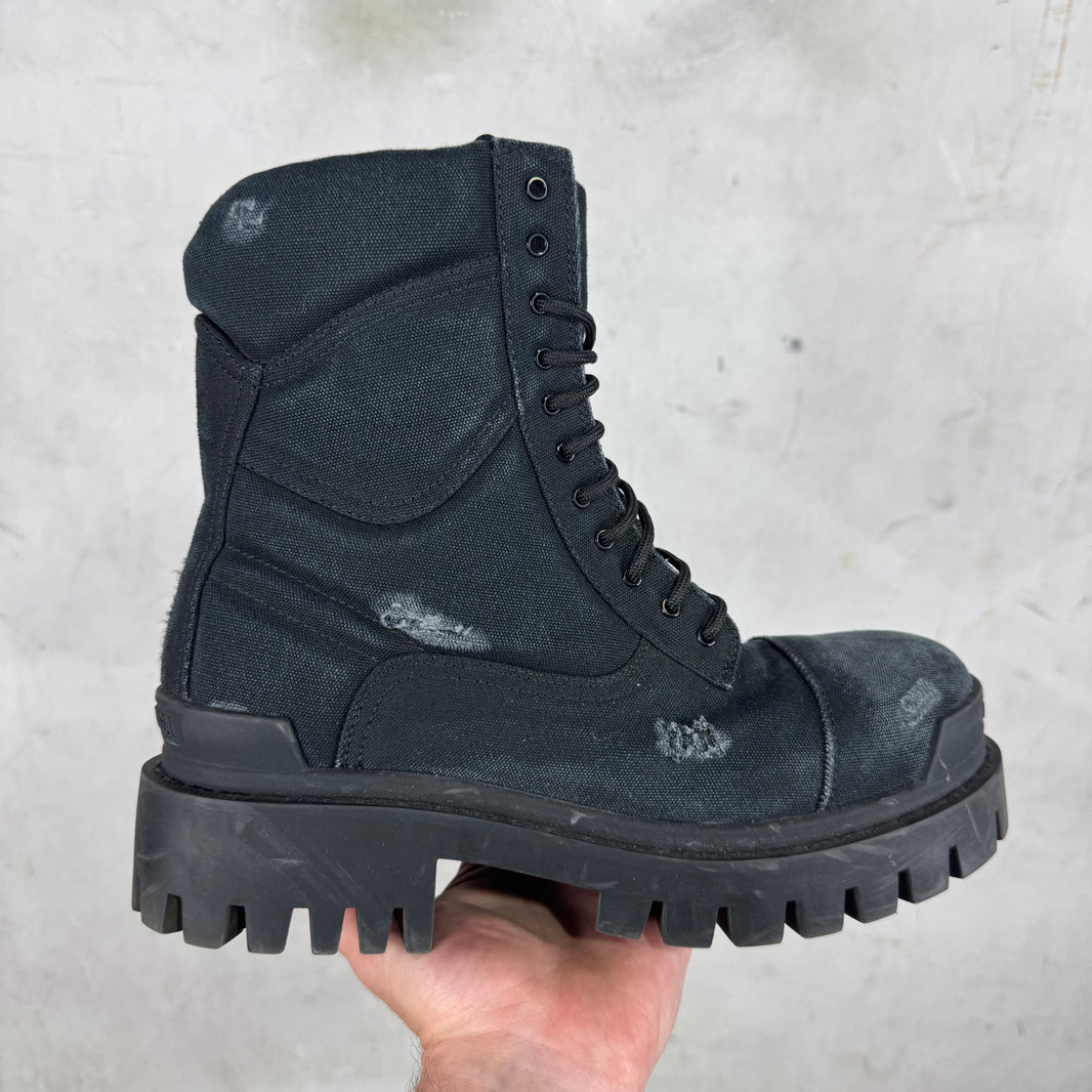 Balenciaga Black Distressed Strike Combat Boots