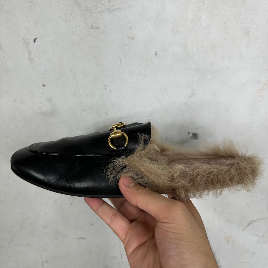 Gucci Smoked Horsebit Fur Mules