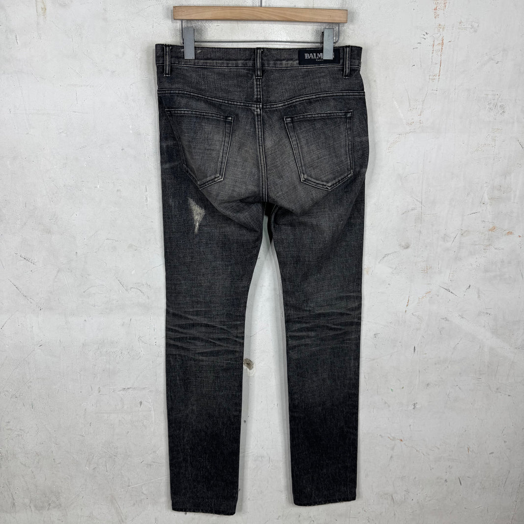 Balmain Straight Legged Charcoal Distressed Jeans