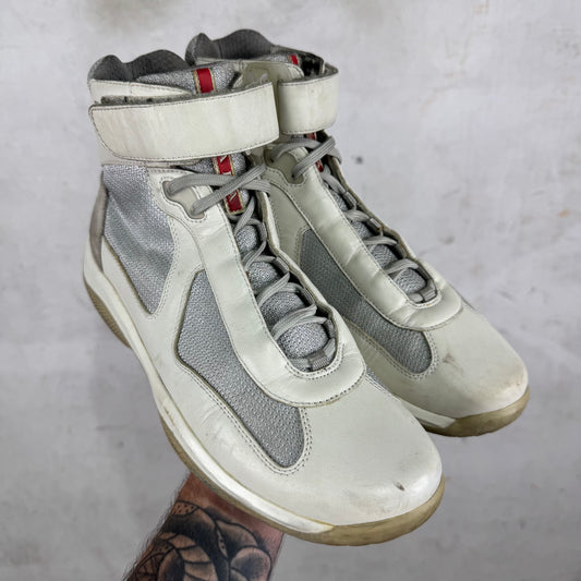 Prada White Grey Strapped High Americas Cup