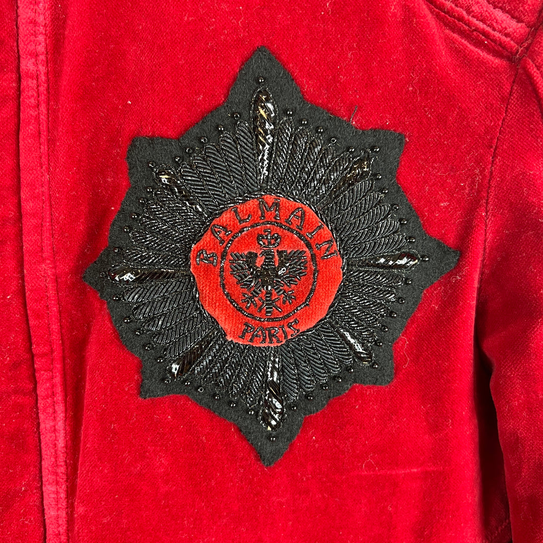 Balmain Red Velvet Crest Jacket