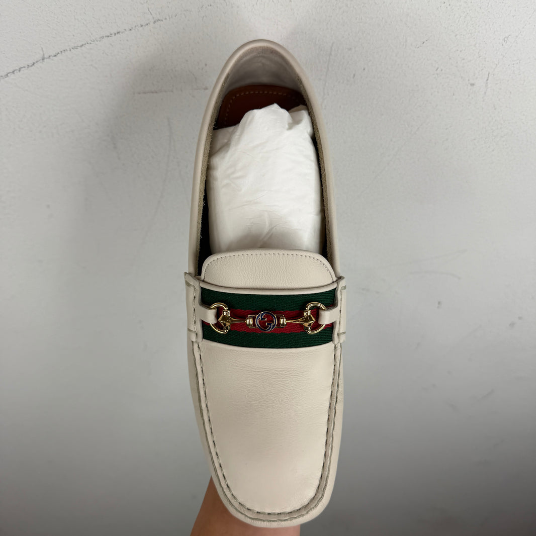 Gucci Cream Web Strap Horsebit Driving Loafer