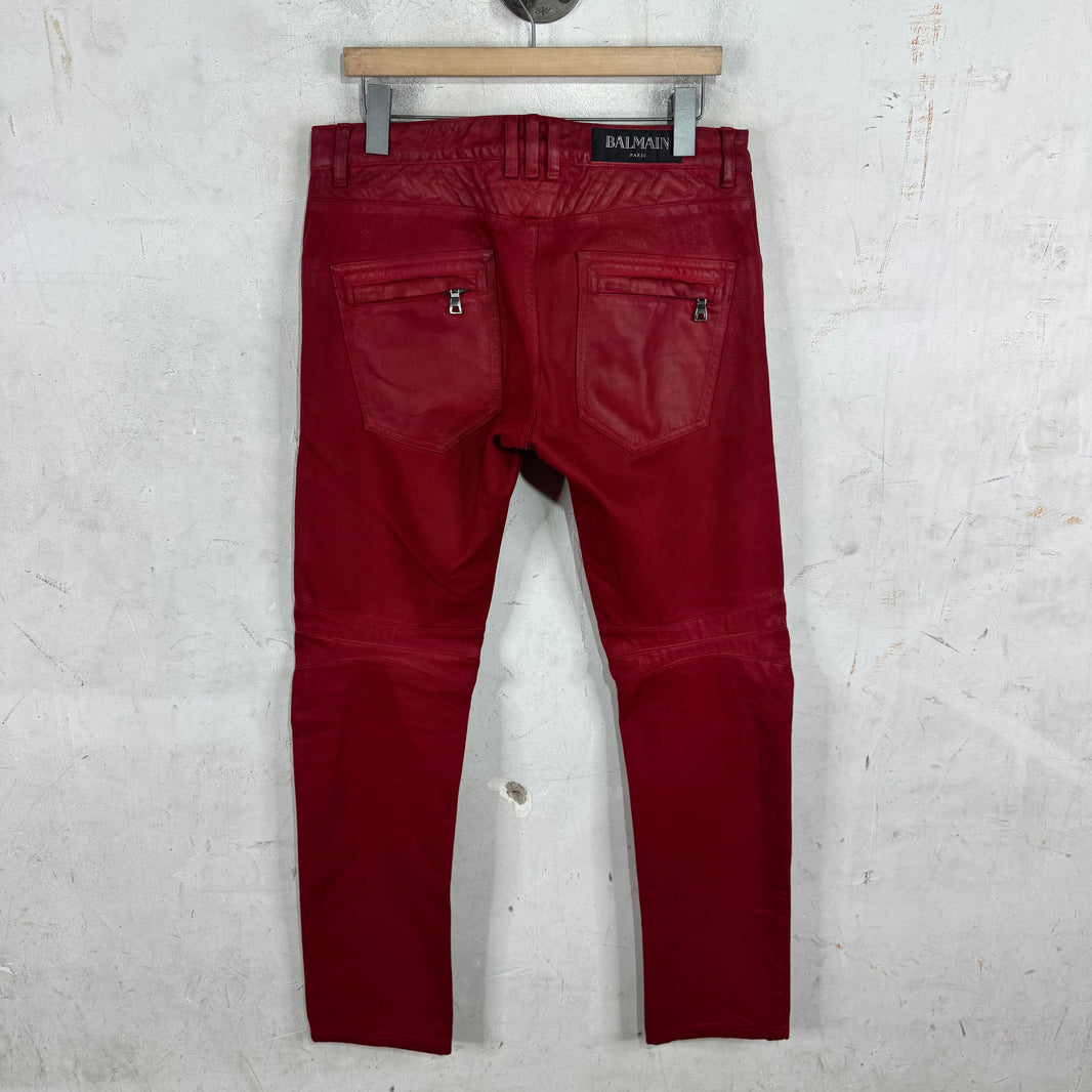 Balmain Red Waxed Biker Jeans