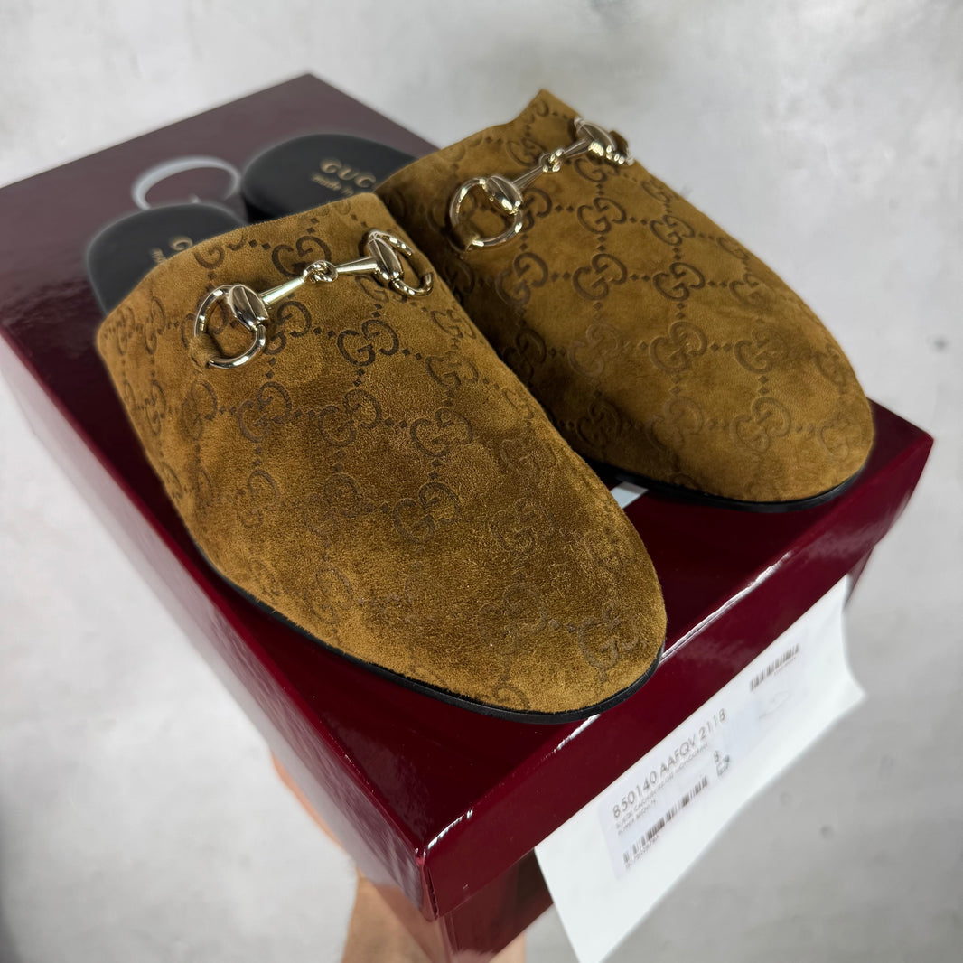 Gucci Suede Monogram Cachemire Horsebit Mules