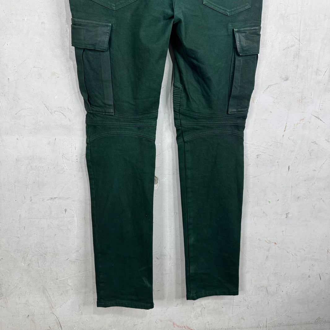 Balmain Green Waxed Double Zip Biker Jeans