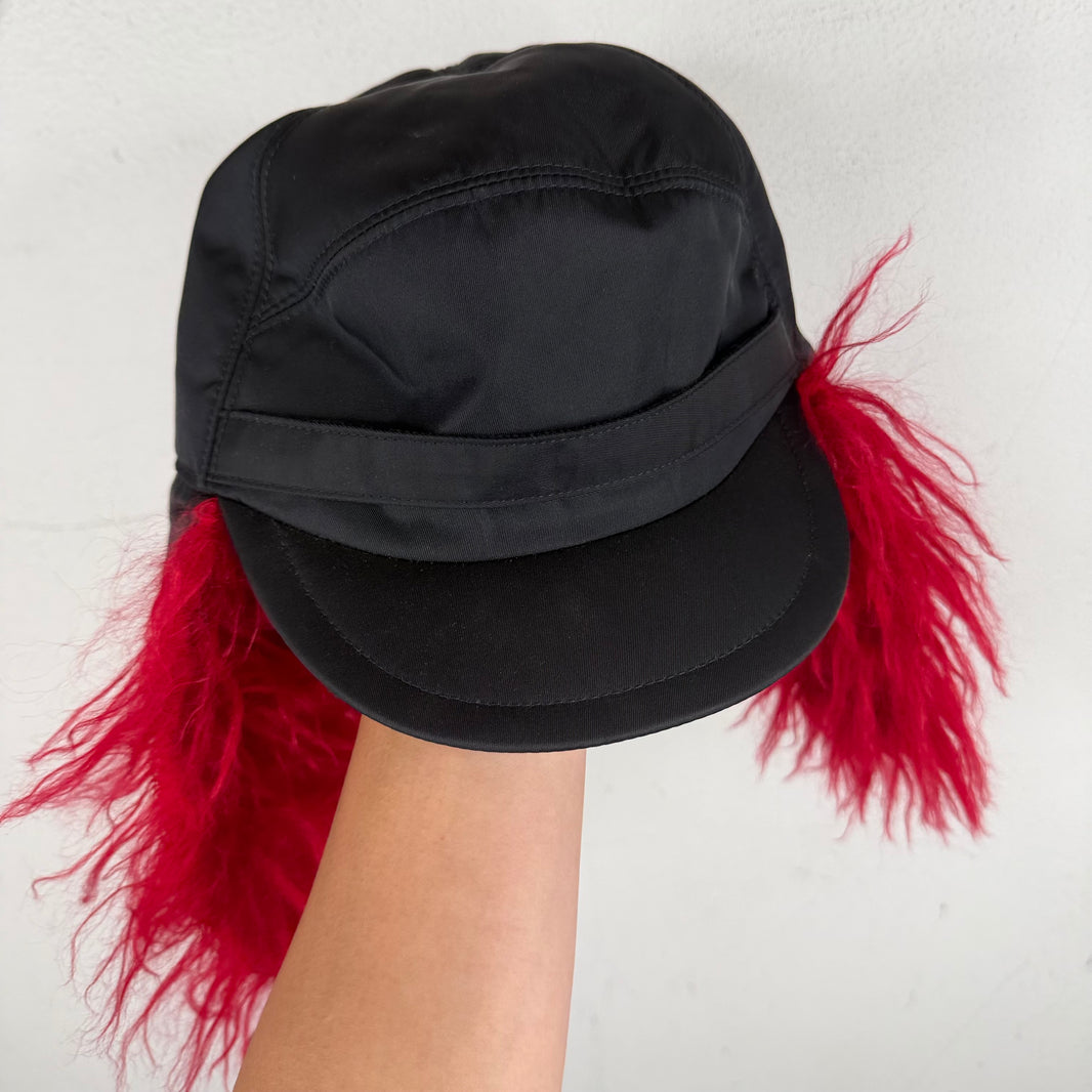 Prada Nylon Red Fur Trooper Hat