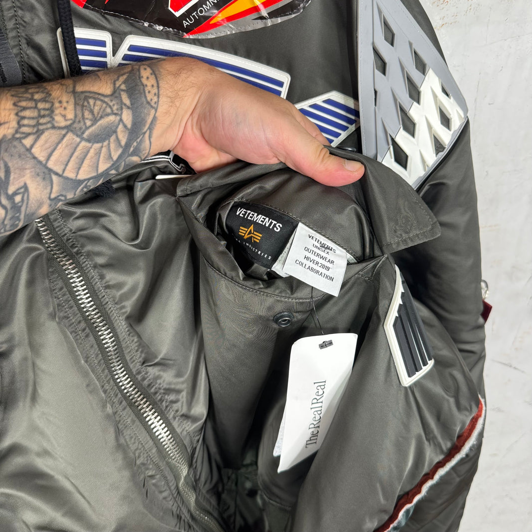 Vetements x Alpha Patchwork Racer Hooded Bomber Jacket