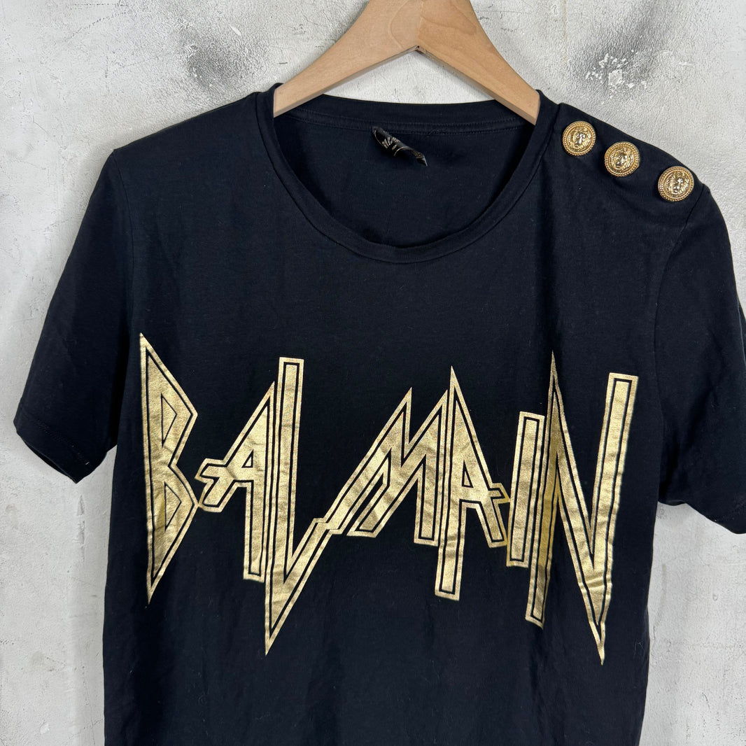 Balmain Metallic Font Buttoned Sleeve T-Shirt