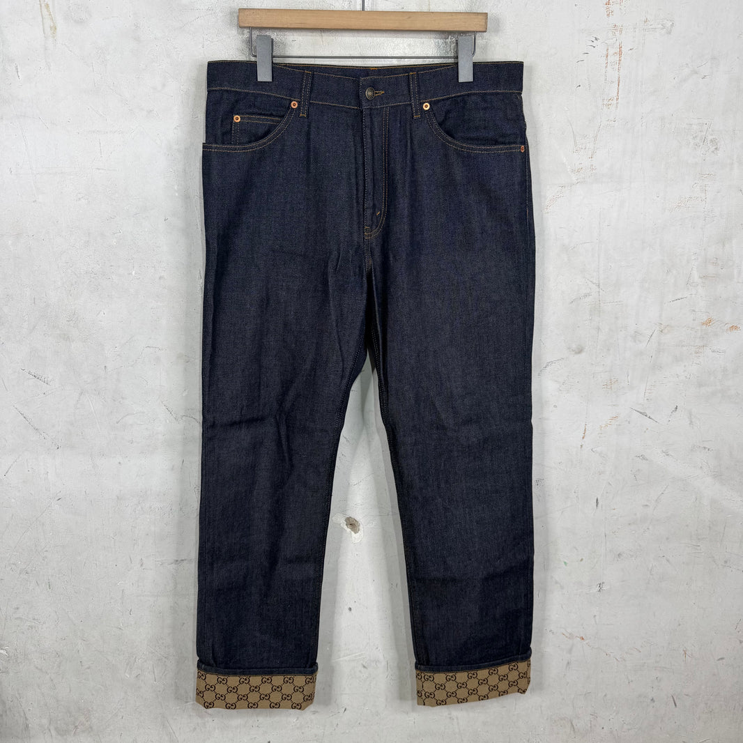 Gucci Monogram Cuffed Raw Jeans
