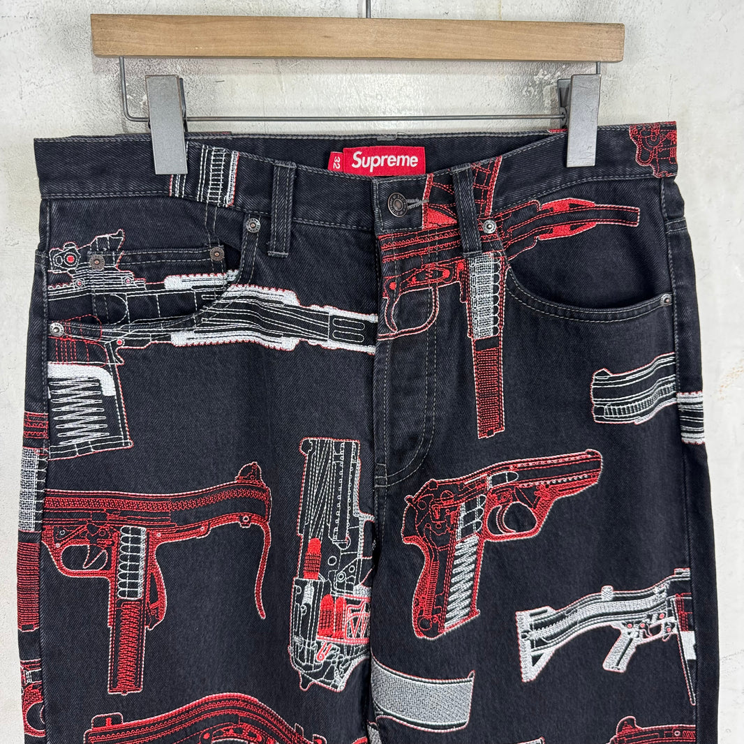 Supreme Black Embroidered Gun Jeans