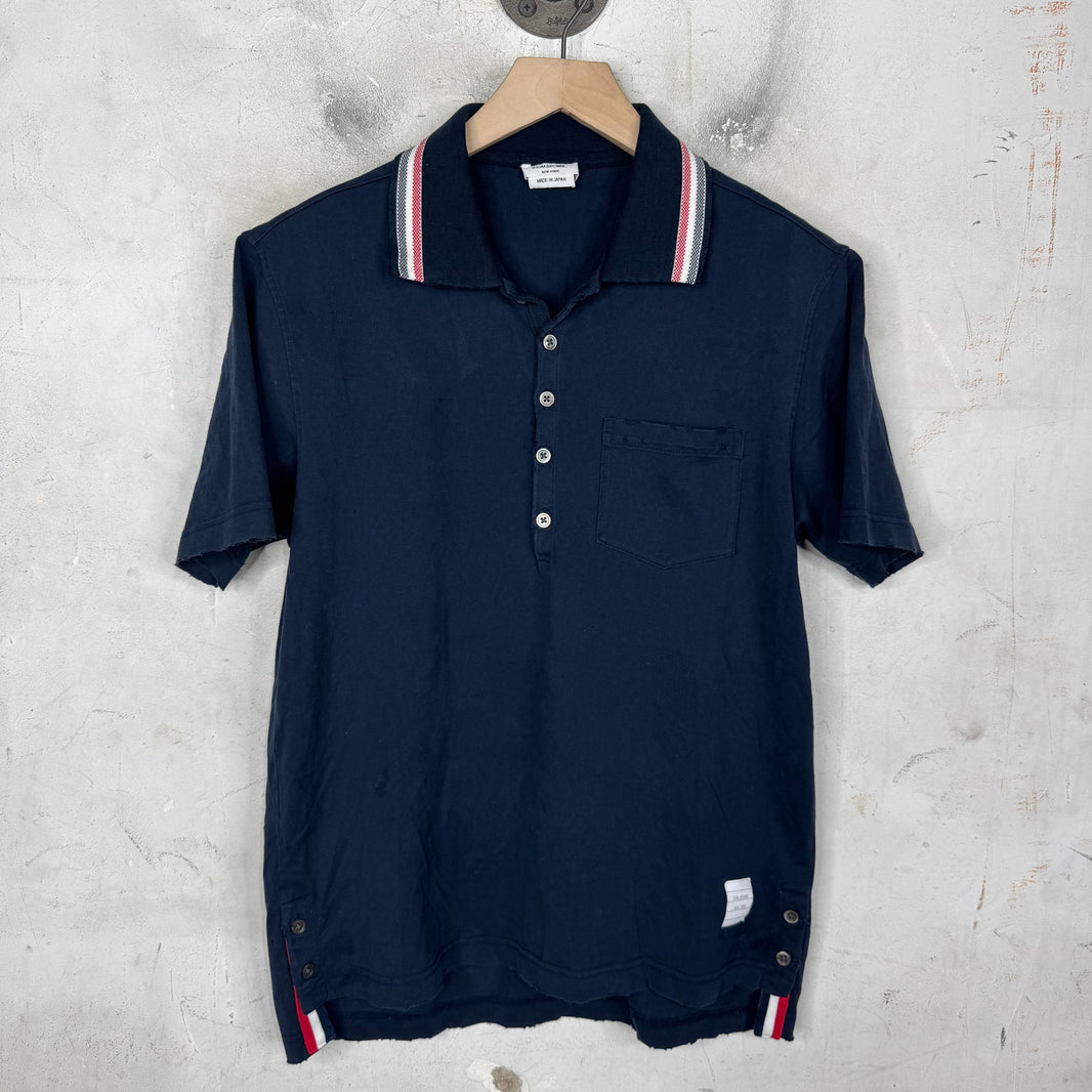 Thom Browne Navy Distressed Collar Striped Polo