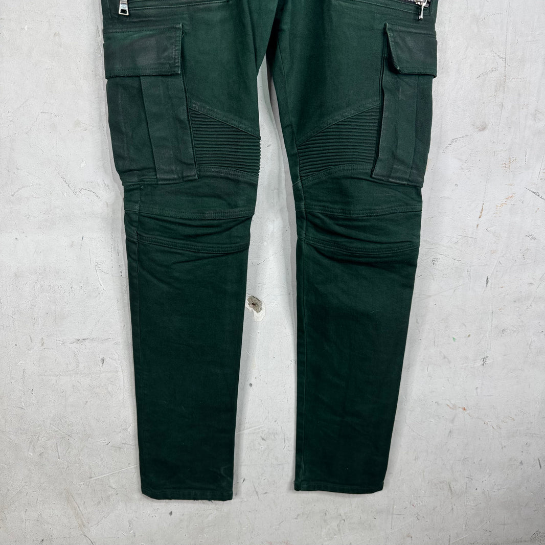 Balmain Green Waxed Double Zip Biker Jeans