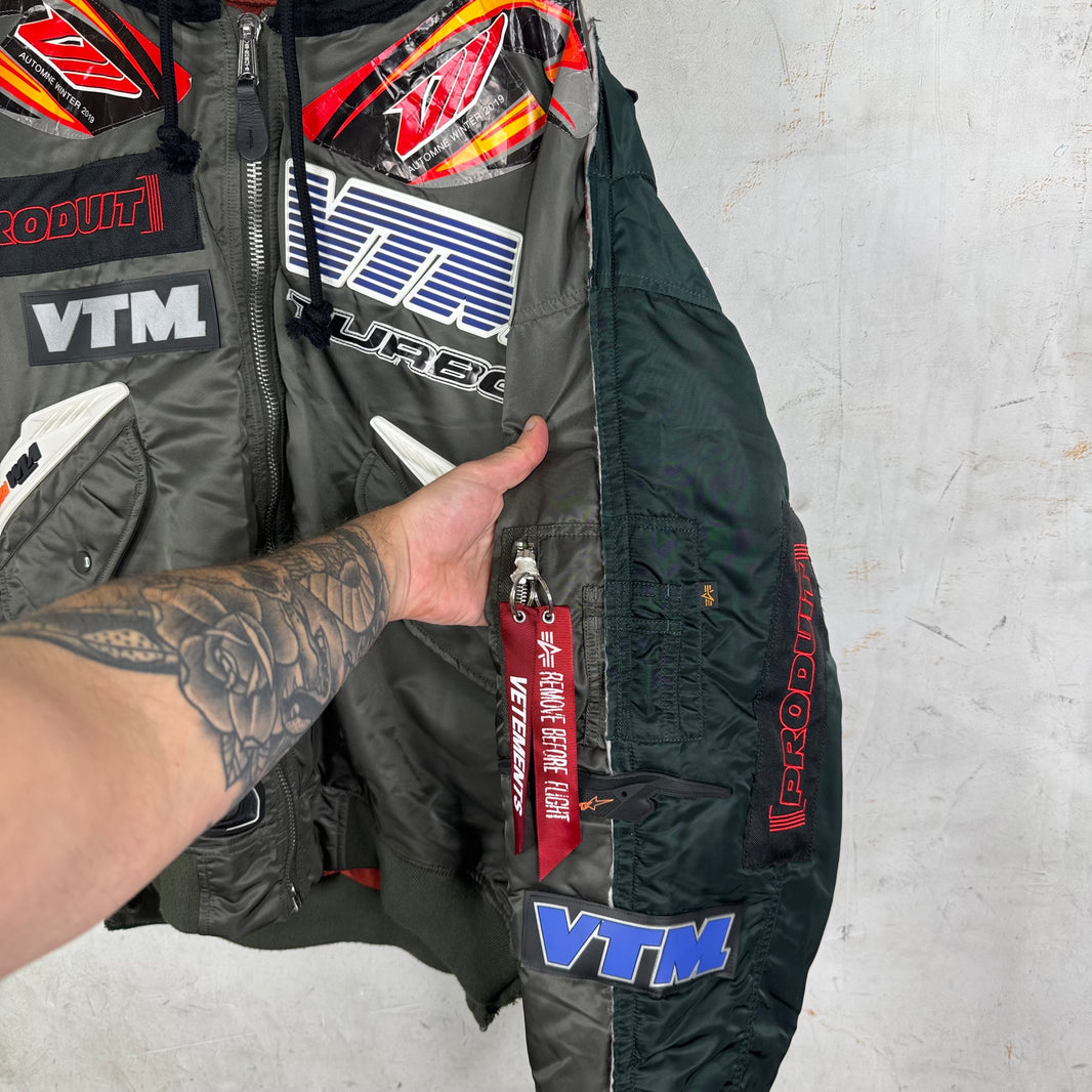 Vetements x Alpha Patchwork Racer Hooded Bomber Jacket