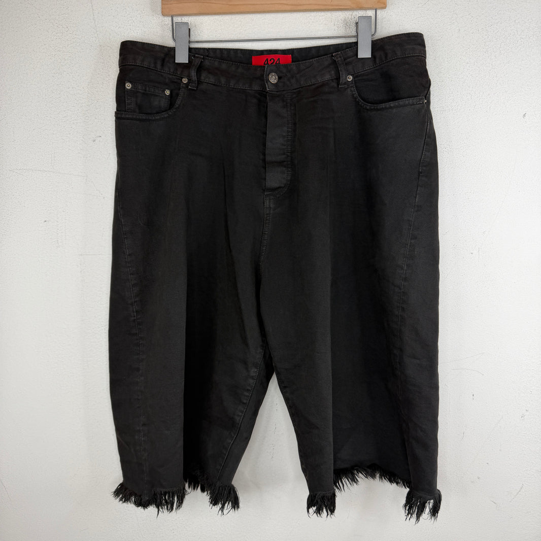 424 Black Denim Frayed Long Shorts