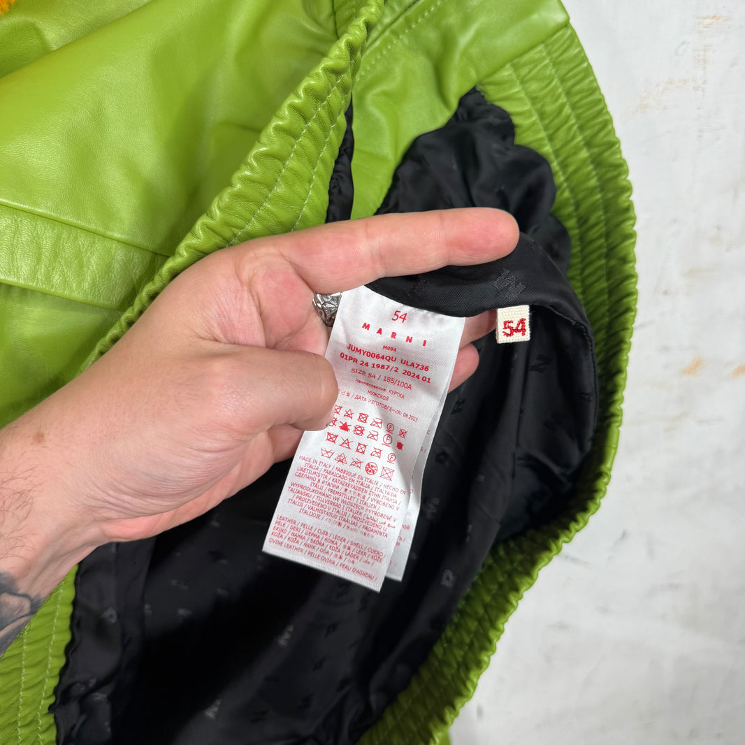 Marni Green Leather Fur Collared Jacket