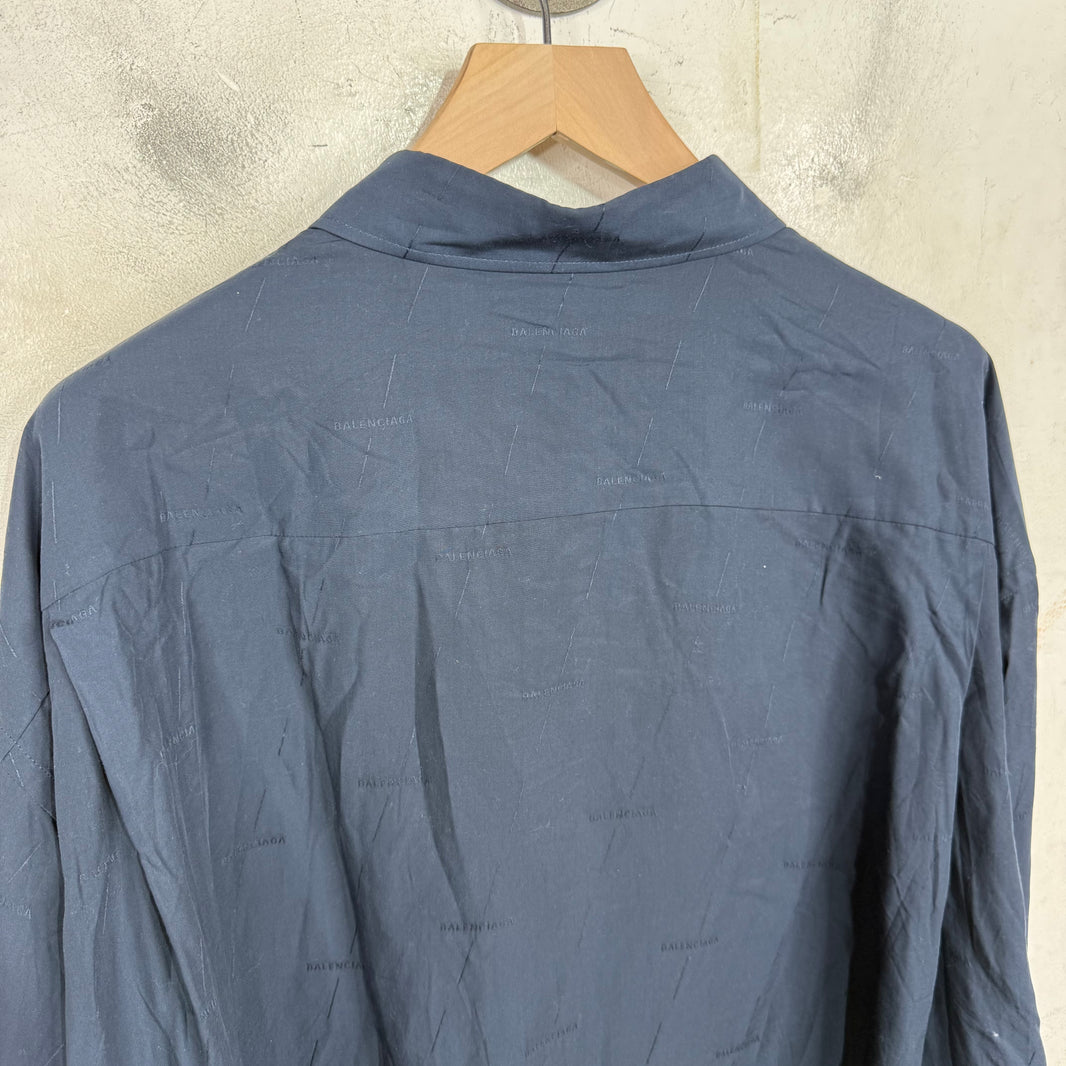 Balenciaga Navy All Over Logo Button-Up Shirt