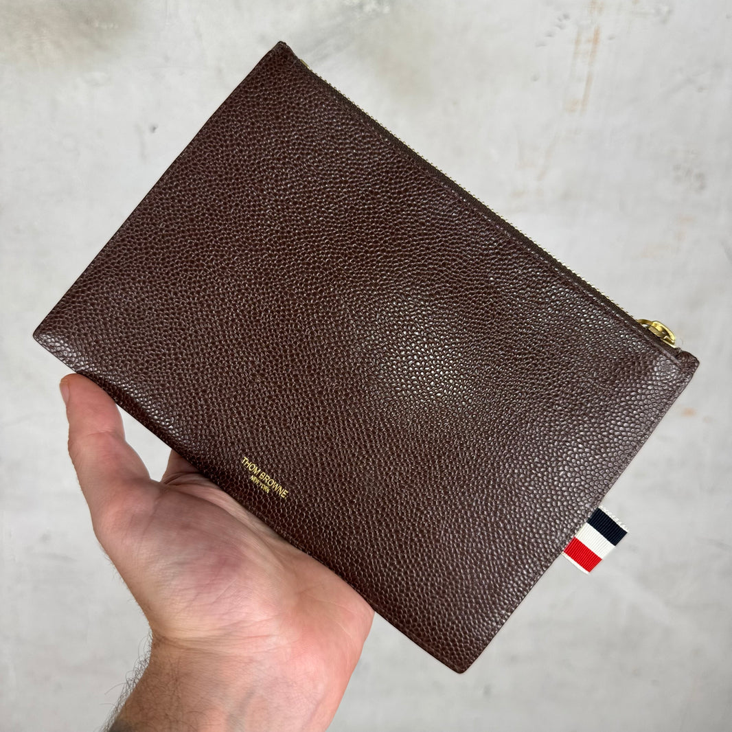 Thom Browne Brown Pebbled Leather Striped Pouch