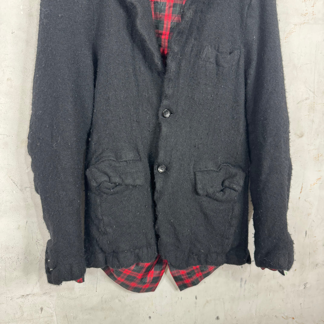 CDG Black Boiled Wool Sheer Tartan Jacket