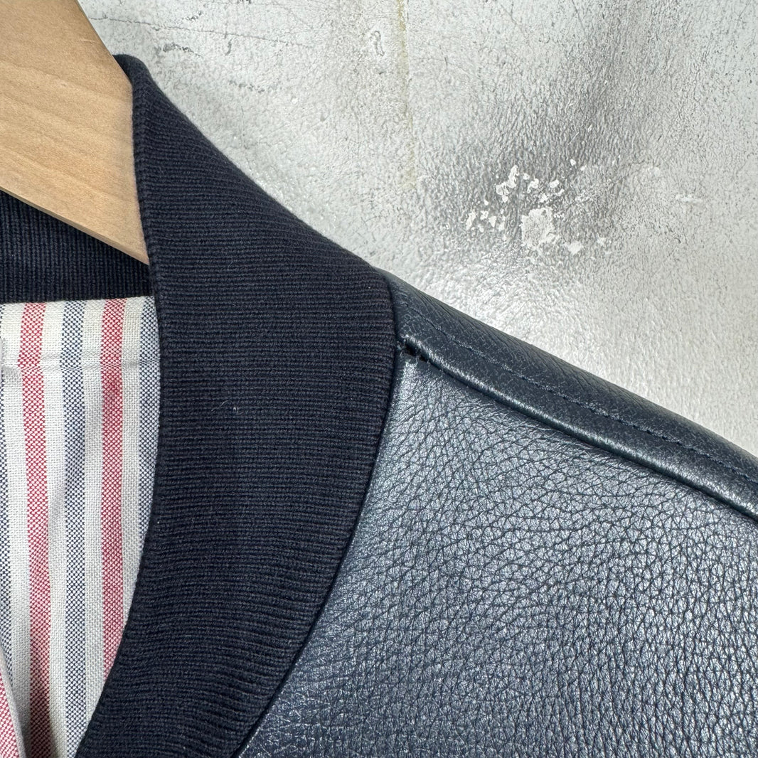 Thom Browne Navy Leather Striped Jacket