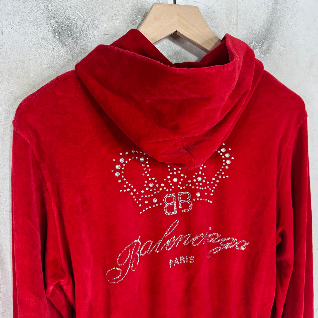 Balenciaga Rhinestoned Distressed Velvet Zip Up Hoodie