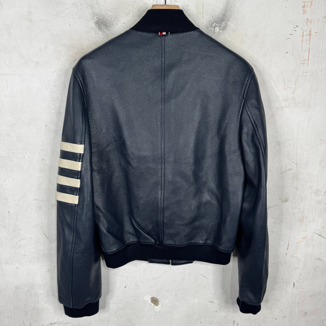 Thom Browne Navy Leather Striped Jacket