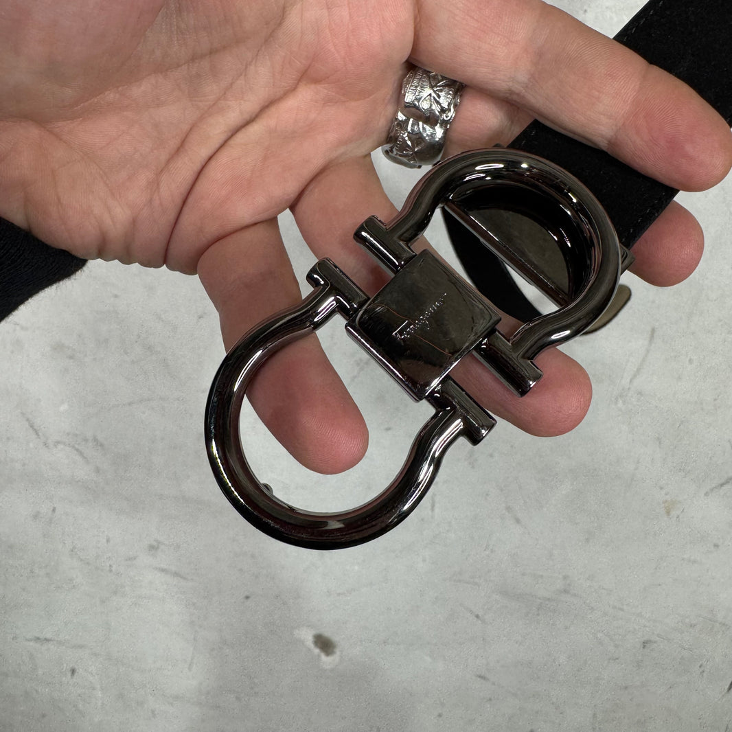 Ferragamo Classic Buckle Black Suede Belt