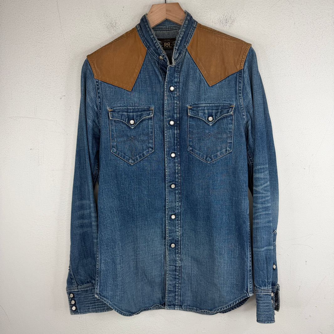 RRL Denim Western Snap Button Mandarin Collar Denim Shirt
