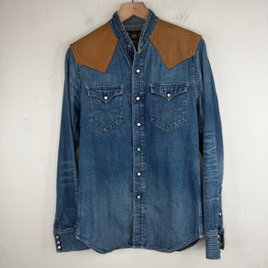 RRL Denim Western Snap Button Mandarin Collar Denim Shirt