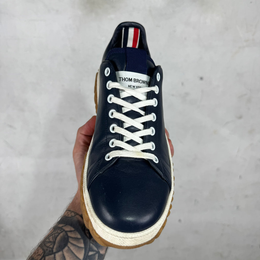 Thom Browne Navy Leather Vitello Sneakers